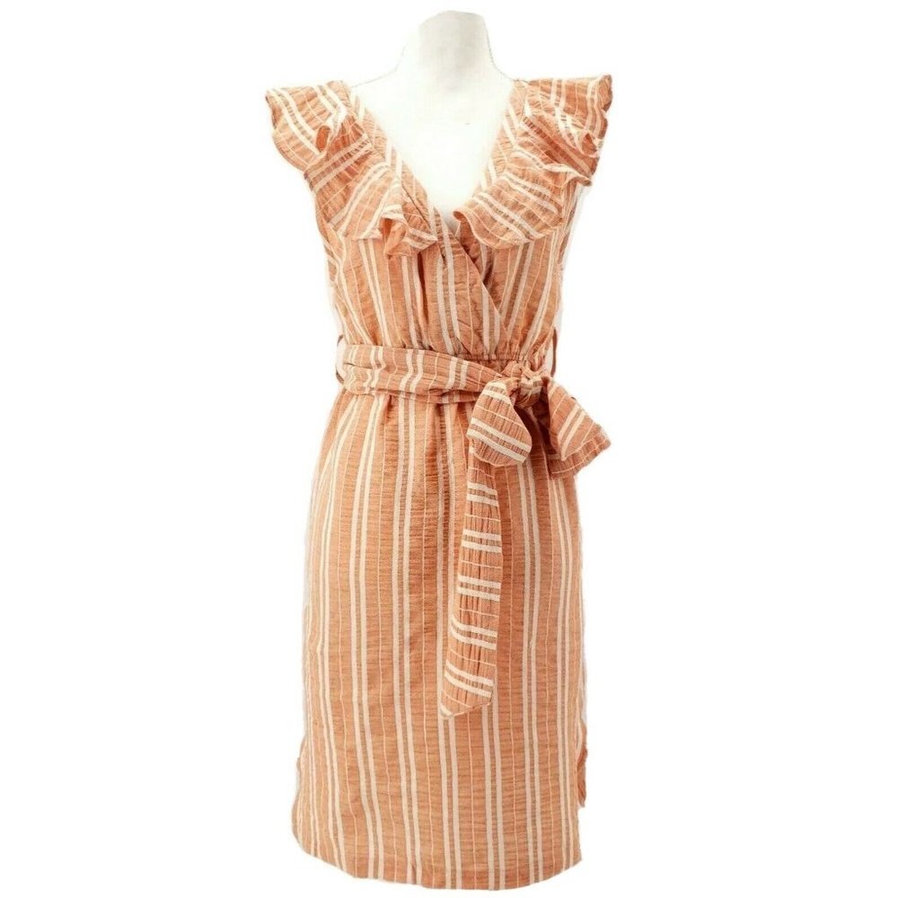 PEPALOVES Dress Ruffle Sleeveless Striped Orange XS